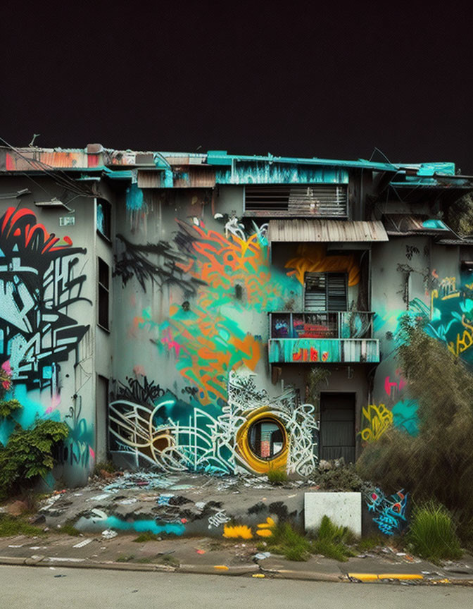 Colorful Graffiti-Covered Building with Round Door and Balcony in Urban Setting