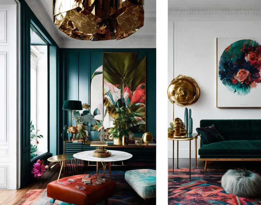 Teal and Gold Interior with Velvet Furniture and Floral Artworks