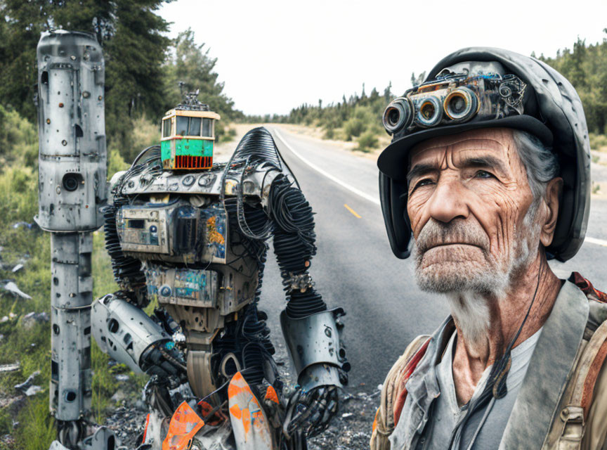 Elderly Bearded Man with Robot on Deserted Road