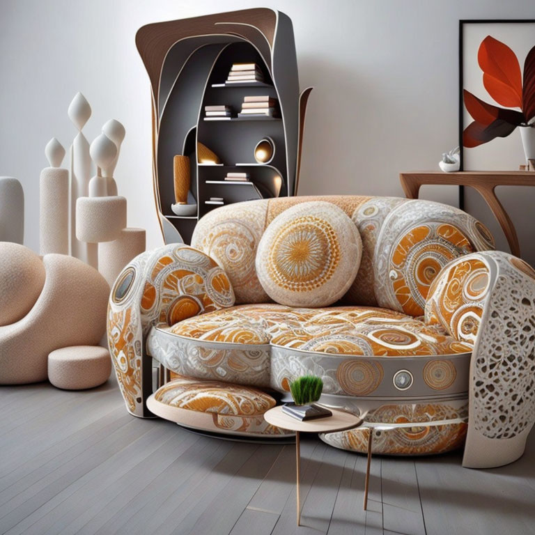 Modern Room with Round Sofa, Sculptures, Bookshelf & Plant Table