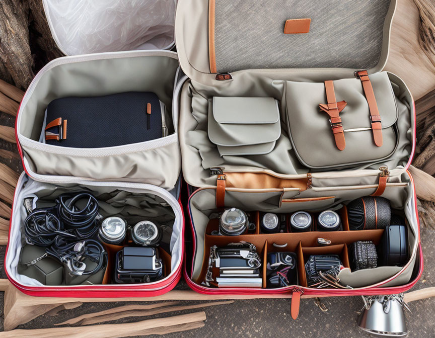 Organized open suitcases with electronic devices, cables, cameras, and personal items