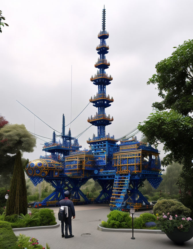 Blue and Gold Intricate Tower Structure in Garden with Observer