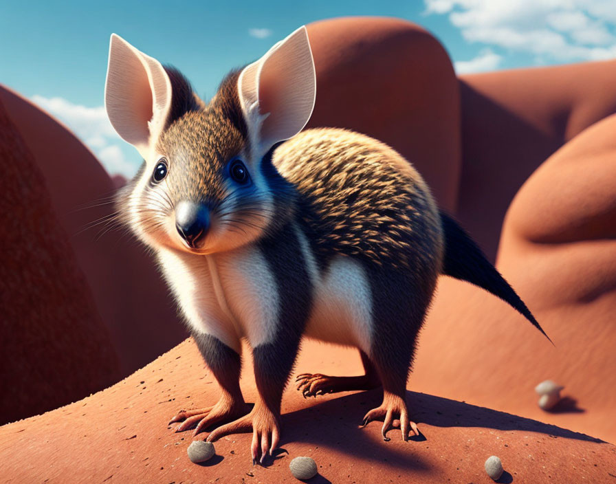 Cartoonish bilby on red sandy landscape with rocks