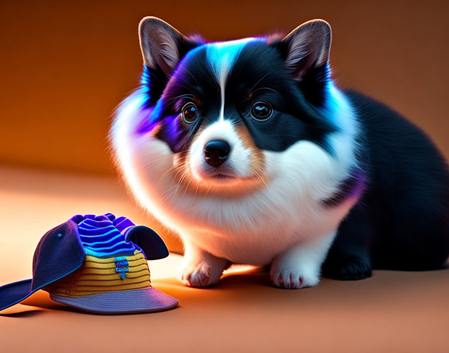 Tricolor Corgi with Striped Hat in Warm Ambient Light