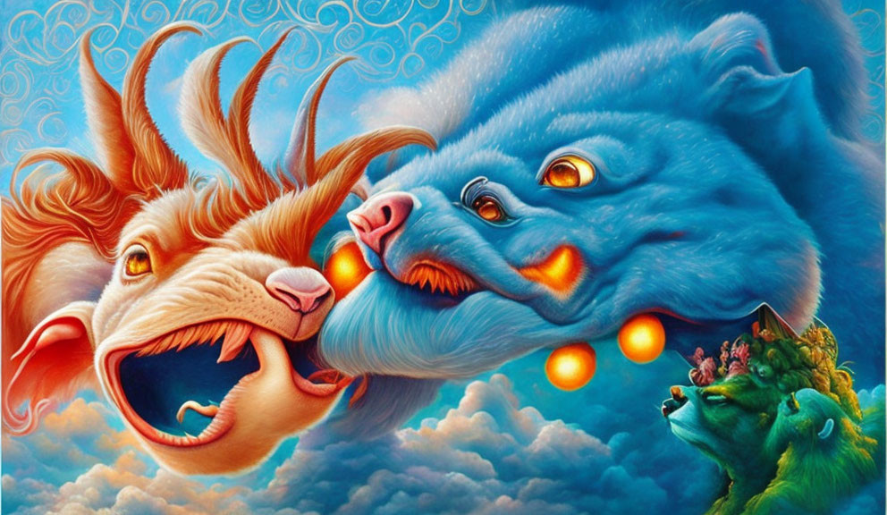 Colorful illustration: Orange goat and blue wolf in mystical setting