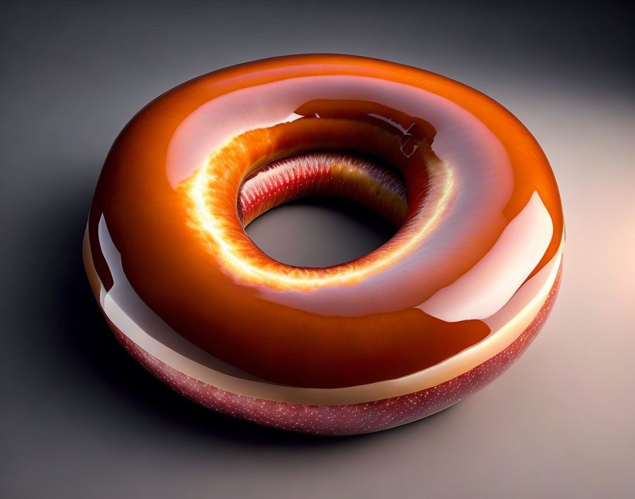 Shiny twisted doughnut with caramel glaze and speckled texture