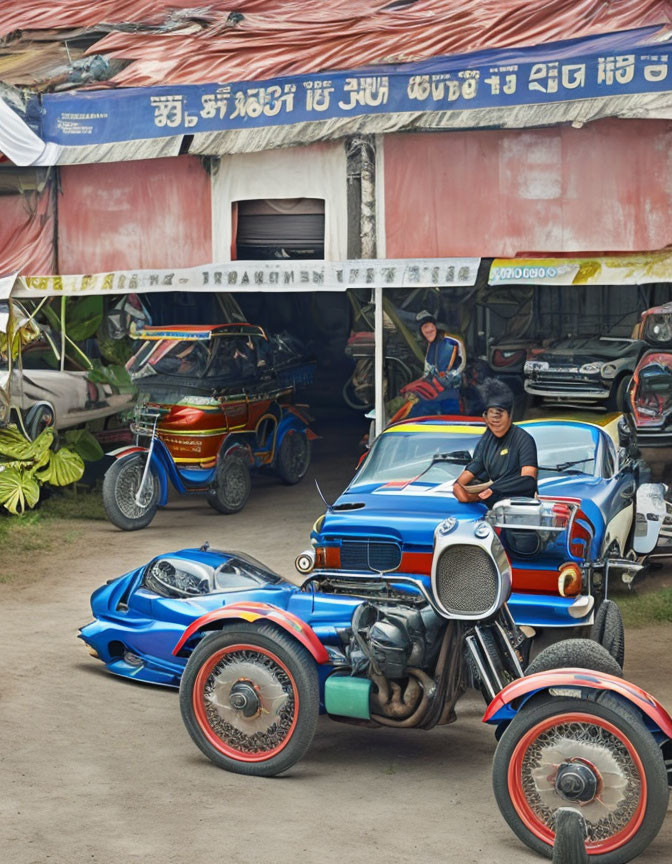 Vibrant outdoor workshop with man on modified tricycle and vintage cars under non-Latin sign