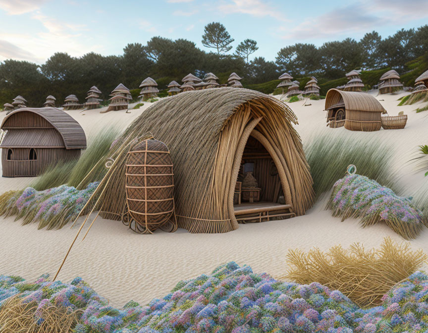 Thatched Huts Among Sand Dunes with Purple Flowers