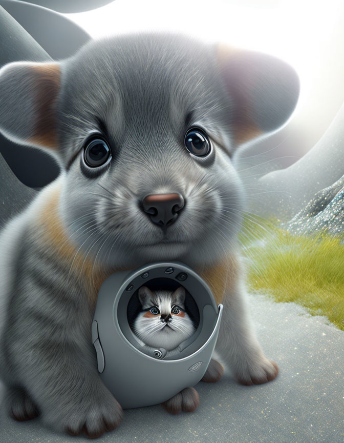 Large-eyed puppy and kitten in spaceship pod artwork.