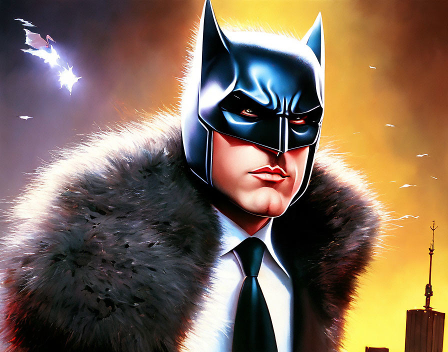 Stylized Batman illustration with intense gaze and fiery backdrop