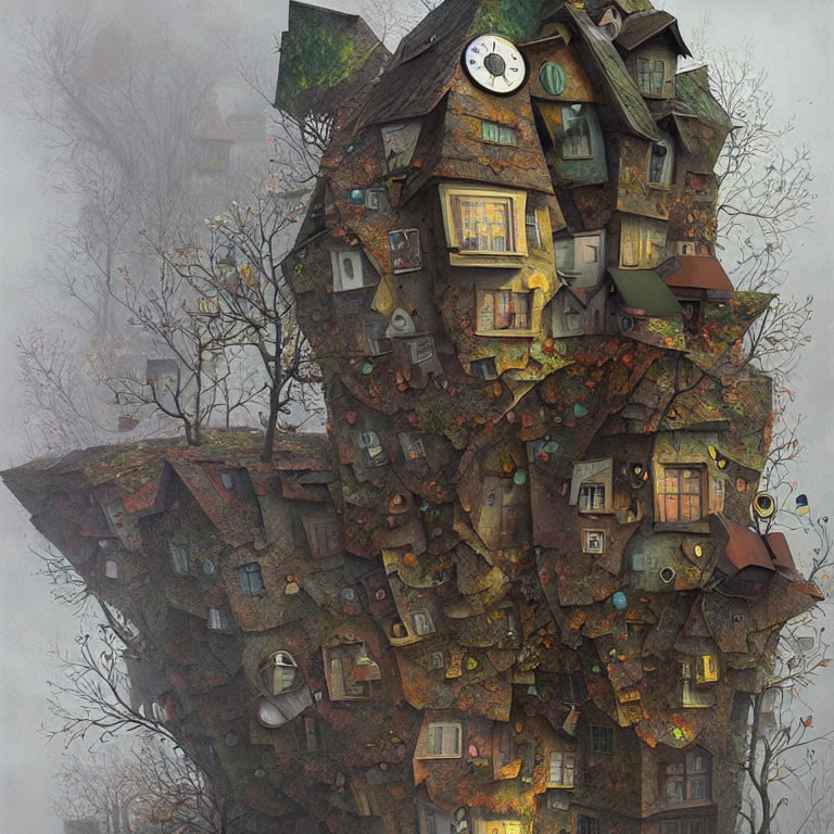 Towering Treehouse with Multiple Windows and Doors in Misty Atmosphere