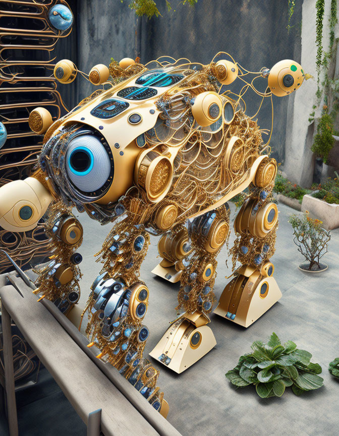 Intricate steampunk mechanical creature with golden gears in garden setting