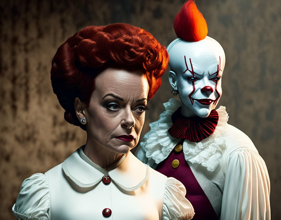 Vintage hairstyle woman and clown with striking makeup in dramatic pose.