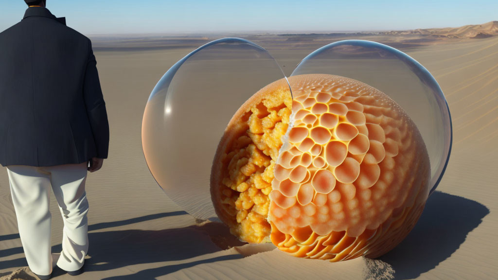 Businessperson gazes at surreal giant kernel in desert bubbles