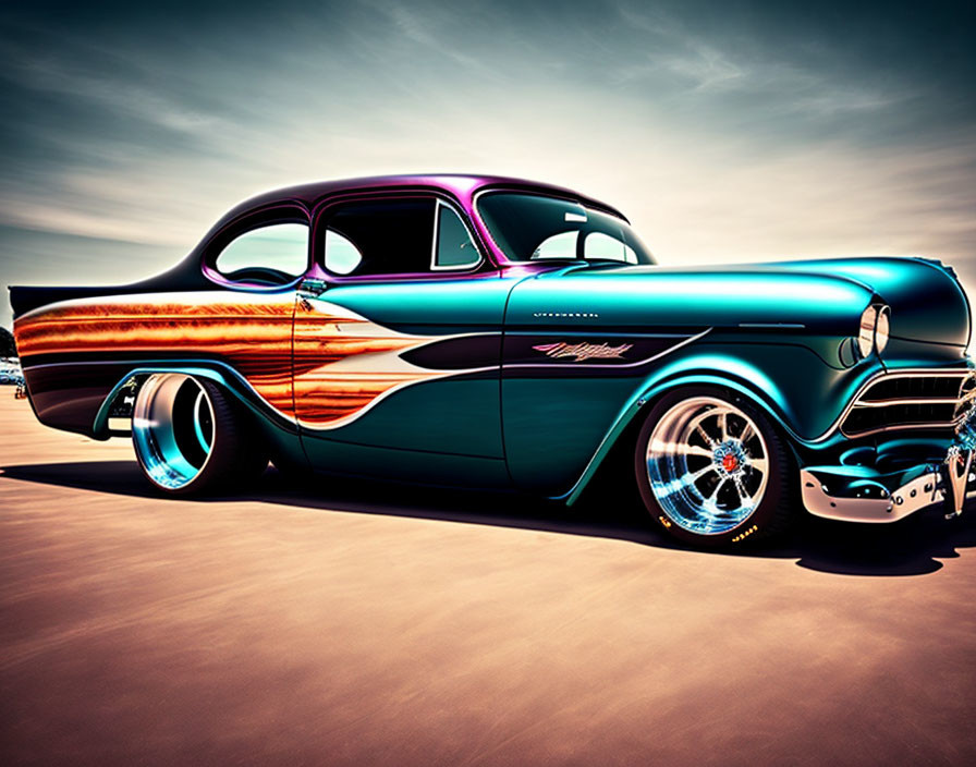 Classic Car with Blue and Orange Paint Job, Chrome Details, Custom Wheels