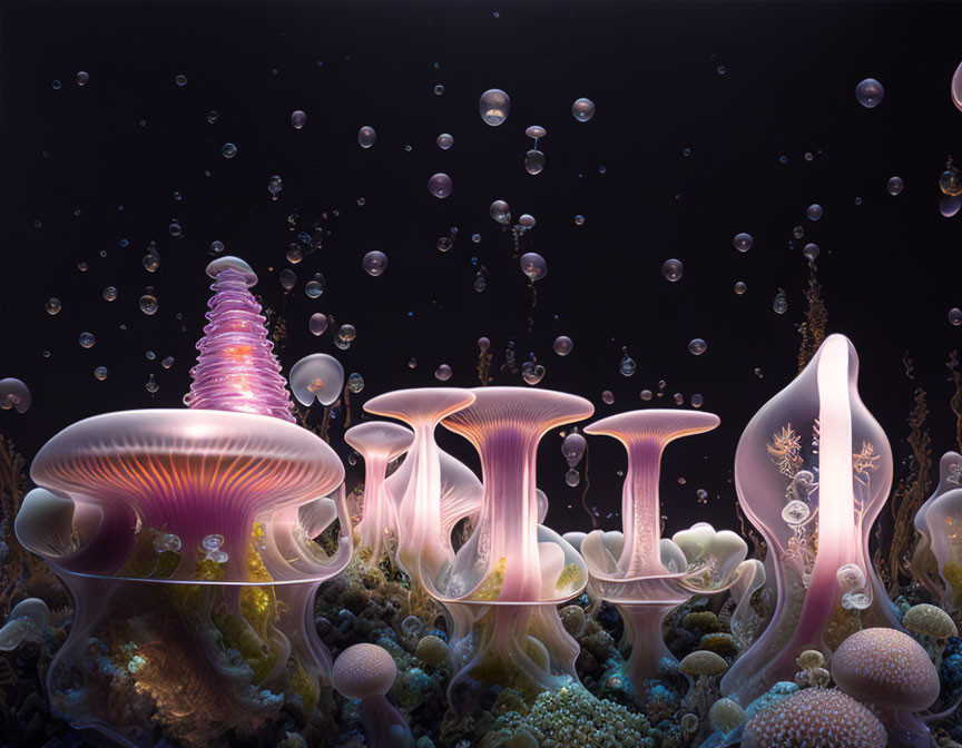 Ethereal underwater scene with bioluminescent jellyfish and bubbles