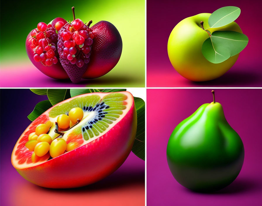 Vibrant Fruit Collage with Digital Alterations on Purple Background