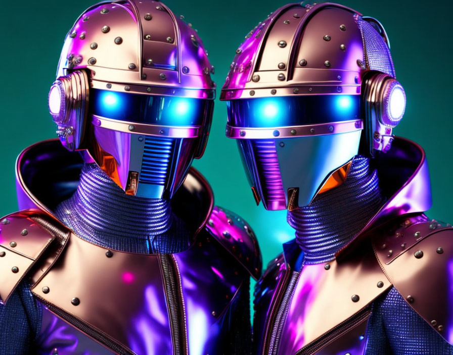Futuristic robots with shiny armor and illuminated visors on teal background