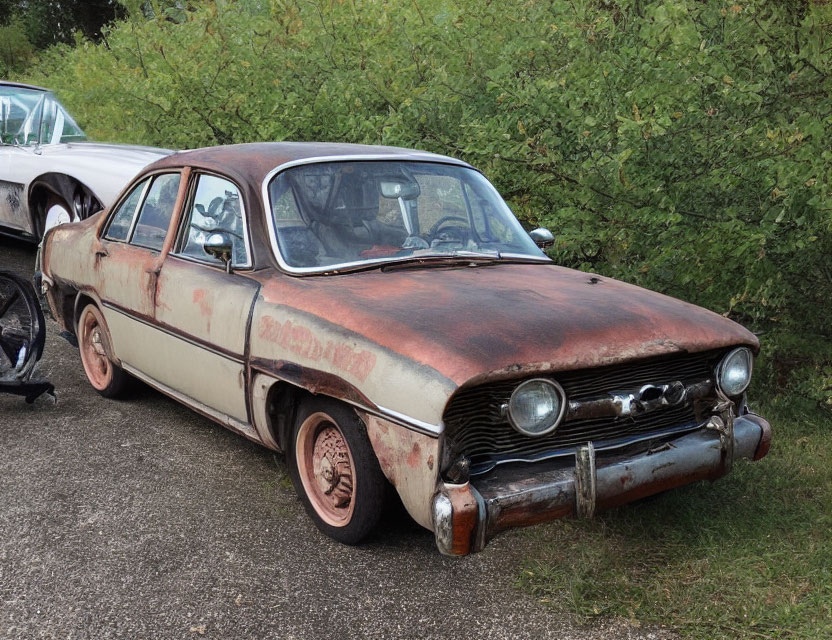 Rusted Vintage Car with Two-Tone Paint Job and Bicycle Outdoors