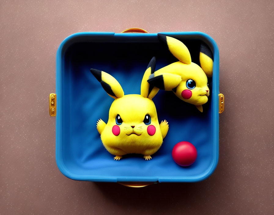 Two Pikachu Plush Toys in Blue Suitcase with Red Ball on Pink Background