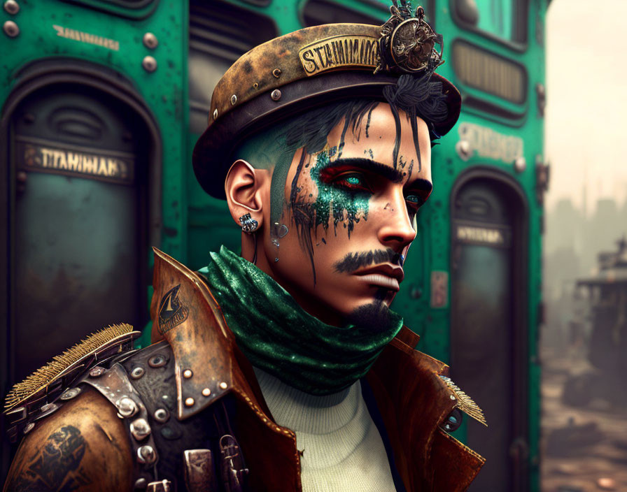 Stylized digital artwork: person with facial paint, piercings, adorned cap, green doors