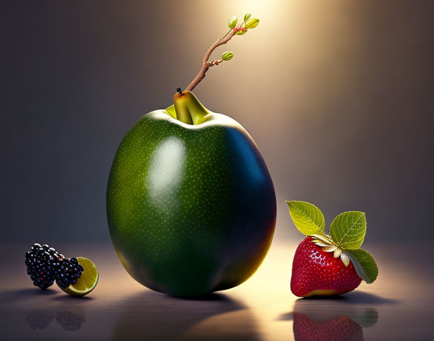 Surreal oversized green apple with branch, strawberry, and blackberry on gradient background