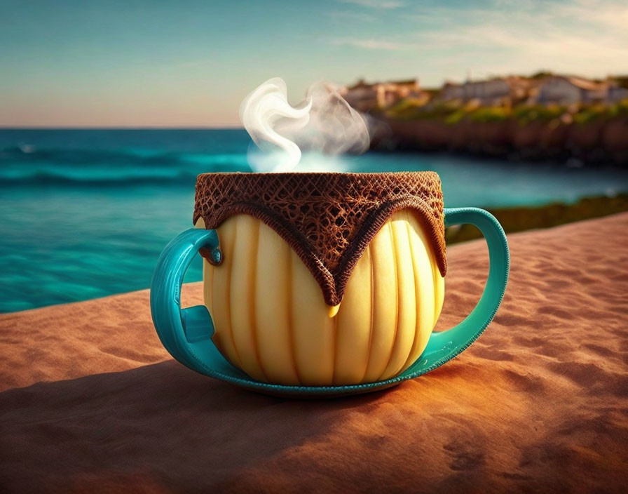 Whimsical coffee cup with sea and beach elements