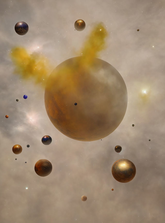 Various sized planets in cosmic scene with reflective surfaces, stars, and nebulous clouds