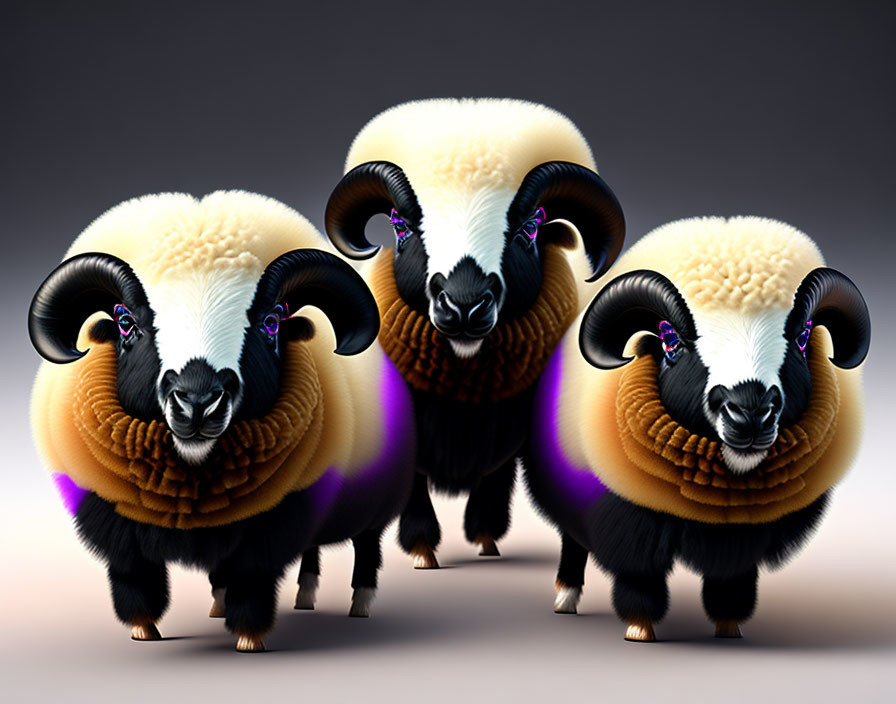 Three stylized rams with circular horns and glossy wool on gradient background