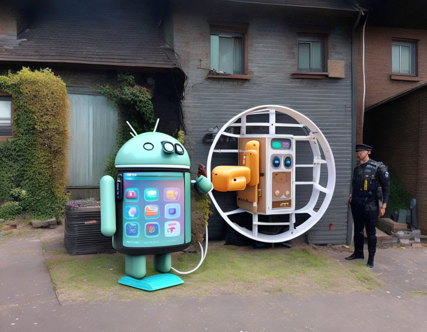 Android Mascot Next to House with Apps and Police Officer - Illustration