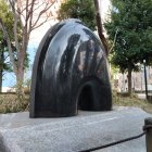 Futuristic black pod on rails in scenic park with trees and modern house