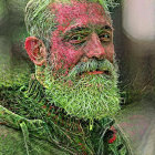 Portrait of a person blending into moss-covered tree