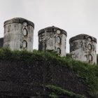 Historic fortress buildings on mossy cliffs under cloudy sky