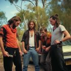 Four Men in Retro Style with Vintage Car in Wooded Area