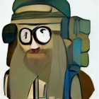 Person with Full Beard, Round Glasses, Bucket Hat, and Green Backpack