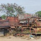 Scattered electronic waste under tree with cloudy skies