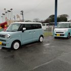 Vintage Volkswagen buses with custom paint jobs parked on wet surface among other vehicles