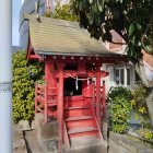 Traditional Japanese Art: Red Pagoda, Mount Fuji, and Figure Crossing Bridge