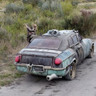 Vintage green car with flame decals and white wall tires parked by roadside shrubs.