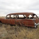 Classic custom car with exposed engine in grassy field under cloudy sky