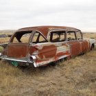 Abandoned rusty car in wildflower field under cloudy sky