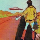 Retro-futuristic woman with flying saucer and classic car on desert road