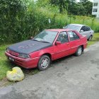 Abandoned red car with rust and peeling paint in overgrown setting