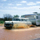 Vintage car towing matching trailer in desert landscape with round green structure