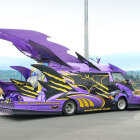 Purple and Yellow Sports Car Bodywork Removed Displayed on Rack Structure