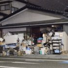 Sepia-Toned Photograph of Traditional Japanese Building with Curved Rooftops