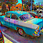 Vintage Blue Concept Car with White Roof and Red Accents at Outdoor Event