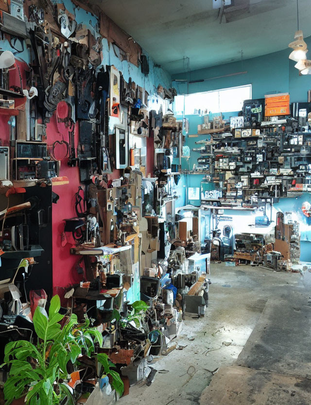 Cluttered repair shop with tools, parts, plant, workstations