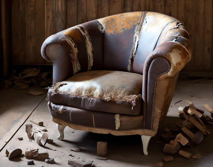 Vintage Leather Armchair with Tears and Stuffing on Rustic Wooden Floor