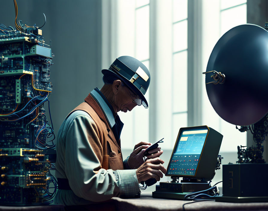 Elderly person assembling electronic components among futuristic tech gadgets